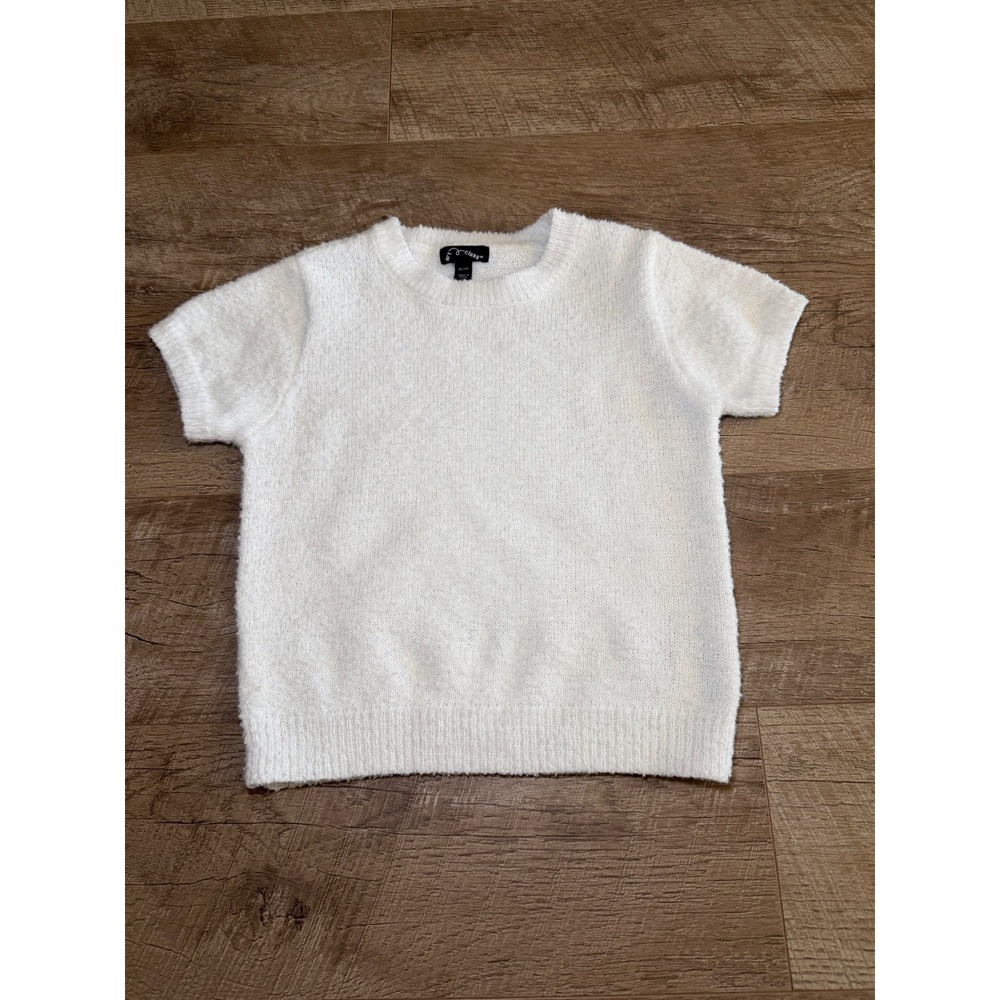 Art Class Girls White Short Sleeve Fuzzy Knit Sweater Size M 7/8 Crew Neck Top